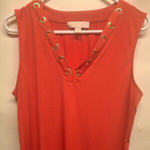 Michael Kors Red Long Sleeveless V Neck Blouse with Gold Detailing - Large
